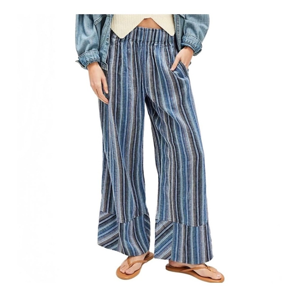 Free People Day's End Stripe Pants S Indigo Blue Wide Leg Boho Cotton Pull On